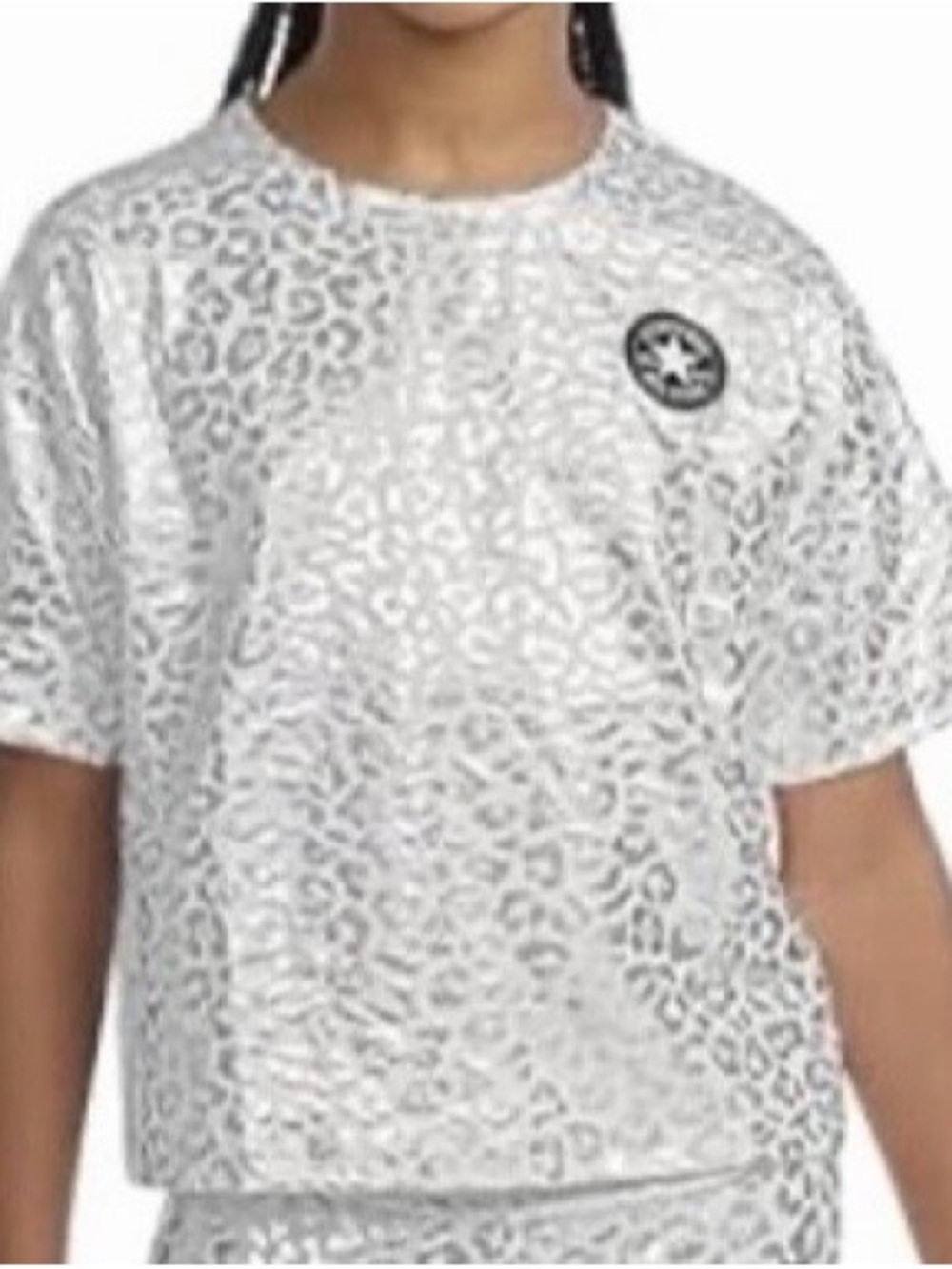 Converse Big Girl Metallic Silver Leopard Print Tee, XL